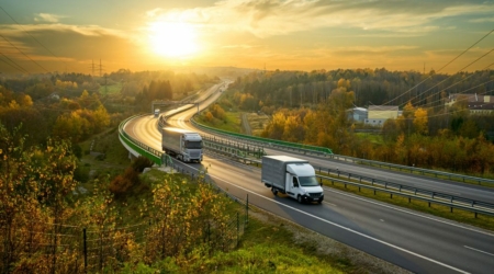 Delivery van and truck driving on the highway winding through forested landscape in autumn colors at sunset